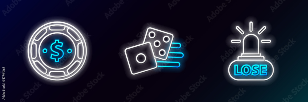 Set line Casino losing, chip with dollar and Game dice icon. Glowing neon. Vector