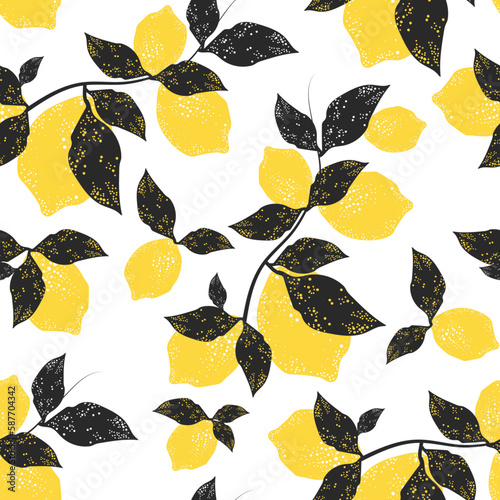 Citrus seamless pattern with colorful lemons.Vector background with fruits.Wrapping paper with colorful yellow lemons.Lemon, citrus,fruits and leafs