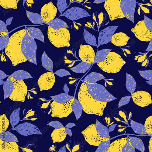 Dark seamless citrus pattern with flowers and colorful lemons.Vector background with fruits and flowers.Textile texture with lemon.Fabric with lemons,flowers and leafs