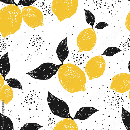 Citrus seamless pattern.Seamless pattern with lemons.Summer vector background.Textile texture with lemons.Fabric with yellow lemons.