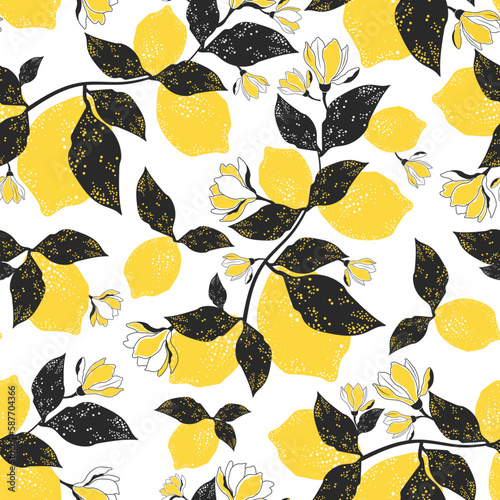 Citrus seamless pattern.Seamless pattern with lemons.Summer vector background.Textile texture with lemons.Fabric with yellow lemons.