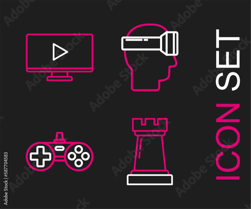 Set line Chess symbol, Gamepad, Virtual reality glasses and Online play video icon. Vector