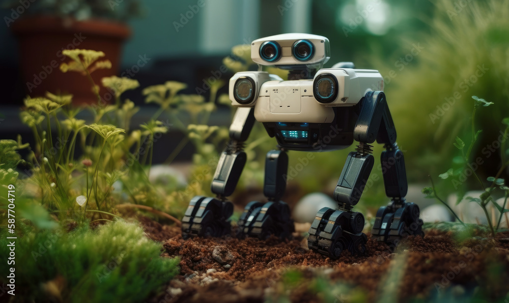 Little robot as home assistant with artificial intelligence on modern home garden background. Generative AI