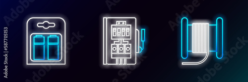 Set line Wire electric cable on a reel or drum, Battery in pack and Electrical panel icon. Glowing neon. Vector