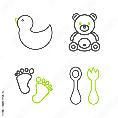 Set line Baby cutlery with fork and spoon  footprints  Teddy bear plush toy and Rubber duck icon. Vector