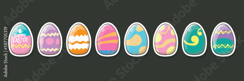 Set of color hand drawn Easter eggs with different texture isolated on grey background. Spring holiday. Vector Illustration. Happy easter eggs horizontal banner