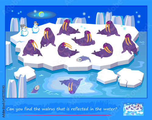 Logic puzzle game for children and adults. Can you find the walrus that is reflected in the water? Page for brain teaser book. Developing kids spatial thinking. Task for attentiveness. Vector image.