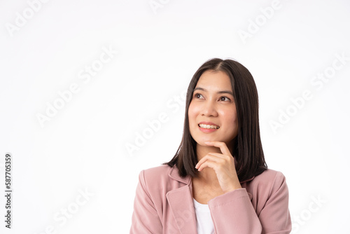 portrait asian young woman questioning and looking away isolated on background