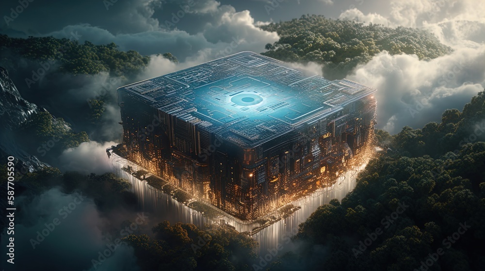 Cloud City: Microchip Floating Island in a Surreal Sky Symbolizing the ...