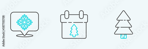 Set line Christmas tree, Snowflake with speech bubble and Calendar icon. Vector