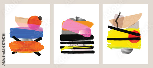 Colorful abstract geometric shapes and lines composition. Abstraction with bright cutout organic elements and irregular forms with different textures. Set of artistic collages. Vector cards