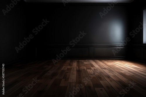 Minimalist mockup with dark wall and wooden floor for product presentation, Generative AI © Creative Division