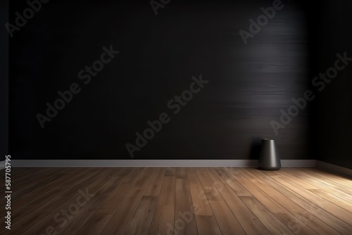 Clean and simple mockup background with a dark wall and wooden floor, perfect for showcasing products, Generative AI © Creative Division