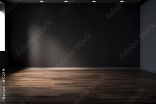 Wallpaper Mural Modern minimalist background with dark wall and wooden floor for showcasing products mockup, Generative AI Torontodigital.ca