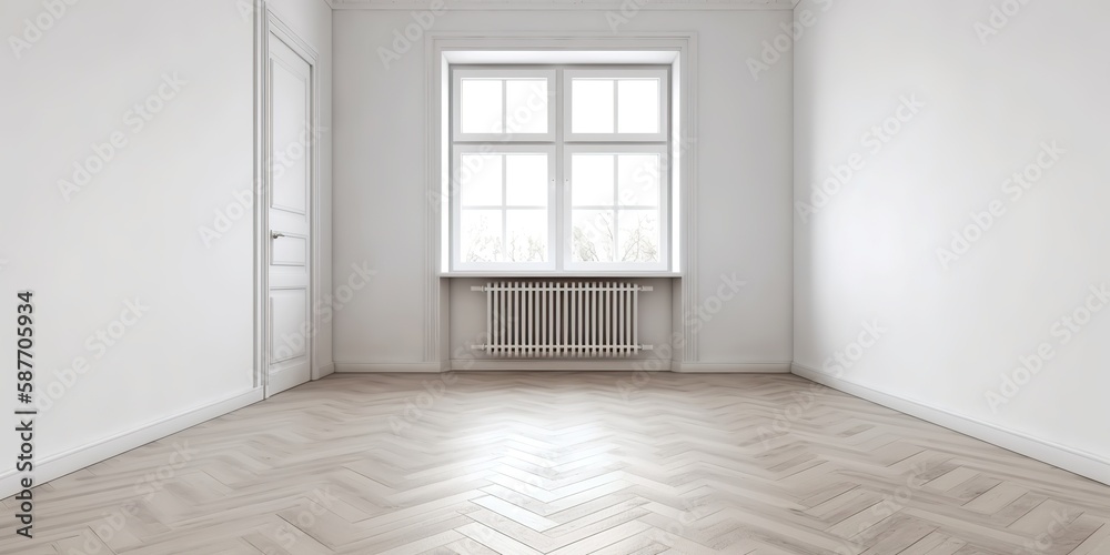 Fototapeta premium Empty corner in a white room with parquet flooring, Generative AI