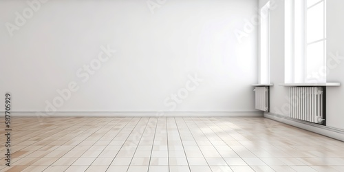 Minimalist white room with parquet flooring and an empty corner, Generative AI