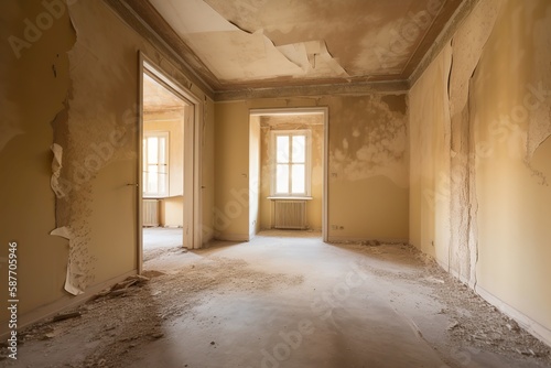 Beige-colored room left uninhabited in an old structure, Generative AI