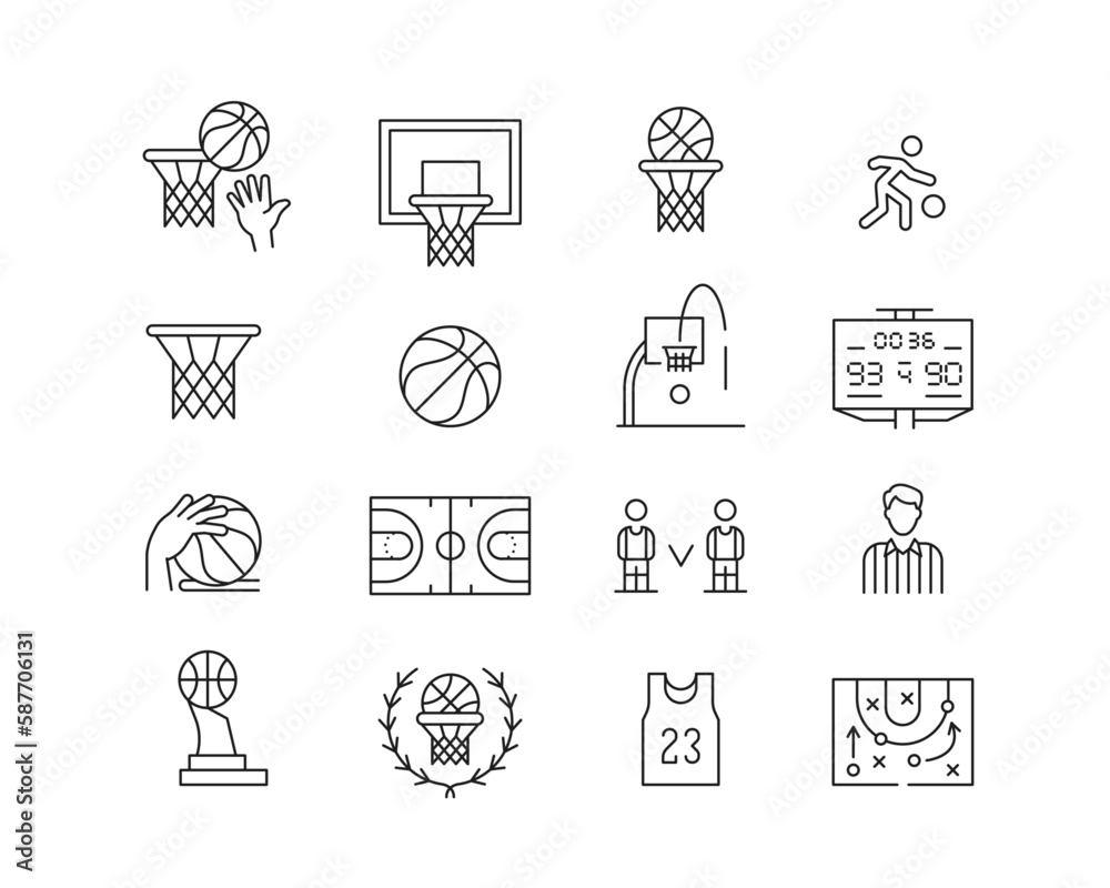 Basketball Icon collection containing 16 editable stroke icons. Perfect for logos, stats and infographics. Change the thickness of the line in Adobe Illustrator (or any vector capable app).