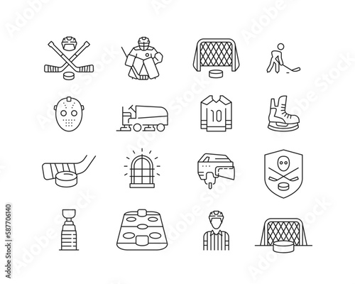 Ice Hockey Icon collection containing 16 editable stroke icons. Perfect for logos, stats and infographics. Change the thickness of the line in Adobe Illustrator (or any vector capable app).