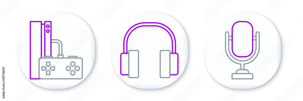 Set line Microphone, Game console with joystick and Headphones icon. Vector Set line Microphone, Game console with joystick and Headphones icon. Vector