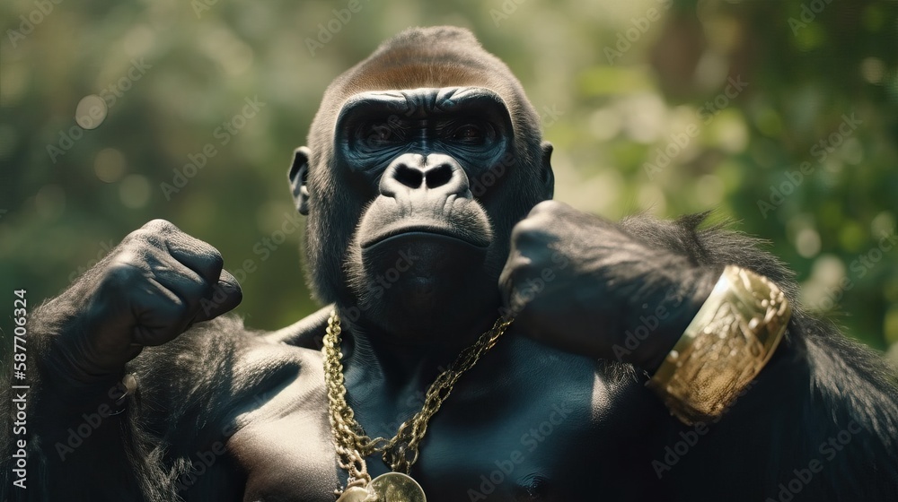 Angry Aggressive Gorilla Ready to Fight Fists Up Golden Jewelry Jungle Background Generative AI Angry Aggressive Gorilla Ready to Fight Fists Up Golden Jewelry Jungle Background Generative AI