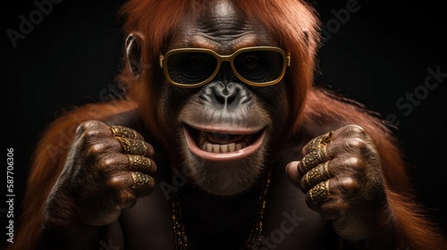 Angry Orangutan with Scars, Fists Up Ready to Fight, Wearing Jewelry and Sunglasses - generative AI