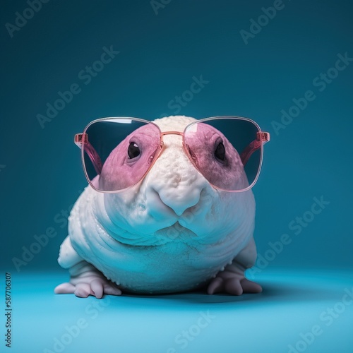 Blobfish Portrait Sunglasses Light Blue Background Unique Aquatic Creature Fashion Generative AI	
