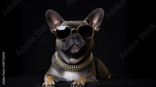 Stylish Frenchie Dog Sits Proudly for Portrait Wearing Elegant Jewelry - generative AI © creatorcave