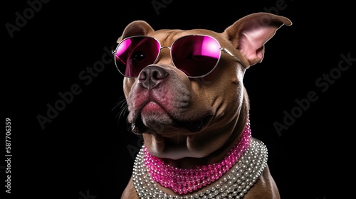 Charming Pitbull Poses Confidently for Portrait with Pink Sunglasses and Jewelry Displaying Elegance - generative AI © creatorcave