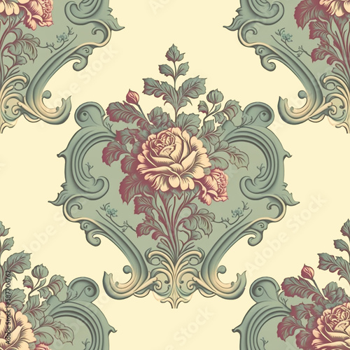 Vintage floral seamless pattern with roses. Elegant botanical background with flowers, vignette elements. Old fashioned wallpapers. Repeatable design. Illustration created with generative AI tools