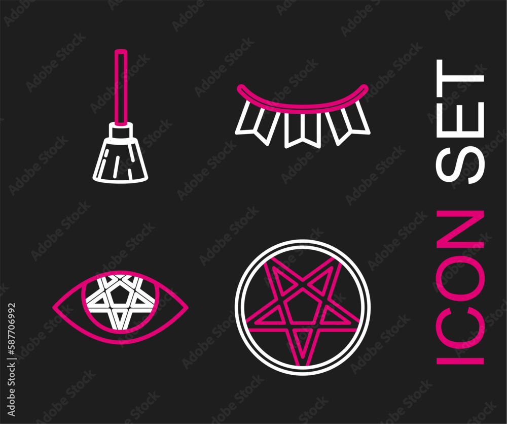 Set line Pentagram in a circle, Carnival garland with flags and Witches broom icon. Vector