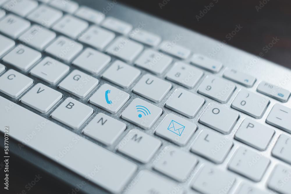 Website page contact us or e-mail marketing concept, Customer support hotline Contact us people connection. banner with copy space. cube wood with email, call phone, address, Chat message icons.