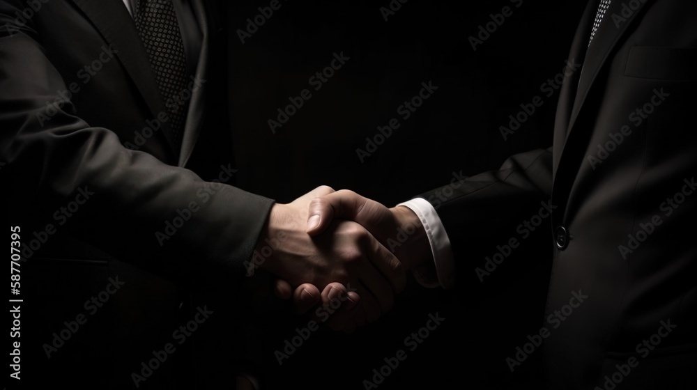Compelling background featuring two businessmen shaking hands, symbolizing successful collaboration and partnership. This powerful wallpaper captures the essence of trust. Generative Ai