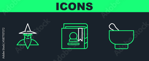 Set line Magic mortar and pestle, Wizard warlock and Ancient magic book icon. Vector