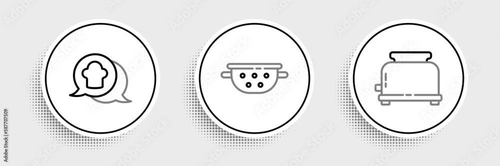 Obraz premium Set line Toaster, Chef hat in speech bubble and Kitchen colander icon. Vector