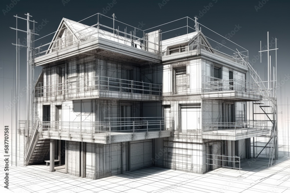 building under construction with scaffolding in a 3D rendering. Generative AI