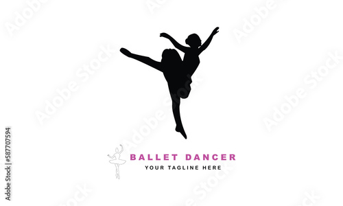 Logo for a ballet or dance studio. Silhouette of a young girl dancer. Logo for posters, banners, signs, mobile applications. Vector illustration, creative, modern design with white template.