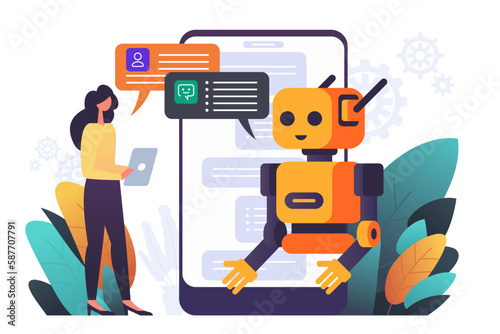 Chatbot robot providing online assistance. Chat GPT conversation with a person. Use of AI in customer service and support or messaging. Vector illustration photo