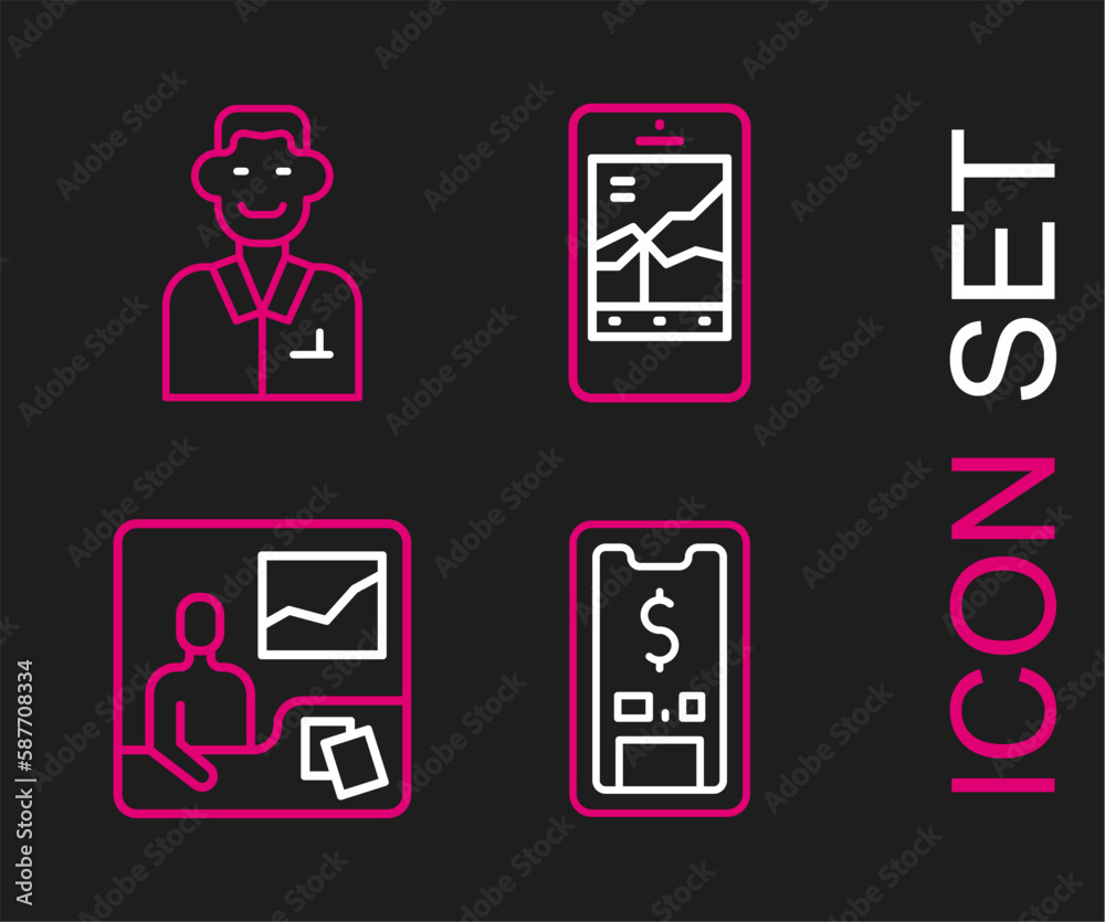 Set line Mobile with dollar, Trading courses, stock trading and Trader icon. Vector Set line Mobile with dollar, Trading courses, stock trading and Trader icon. Vector