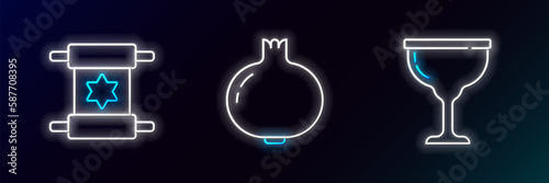 Set line Jewish goblet, Torah scroll and Pomegranate icon. Glowing neon. Vector