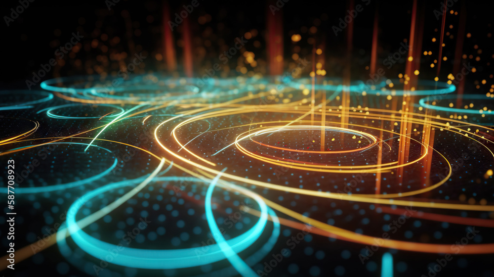 Abstract glowing digital multicolor radial lines and sparkling dots. Based on Generative AI Abstract glowing digital multicolor radial lines and sparkling dots. Based on Generative AI