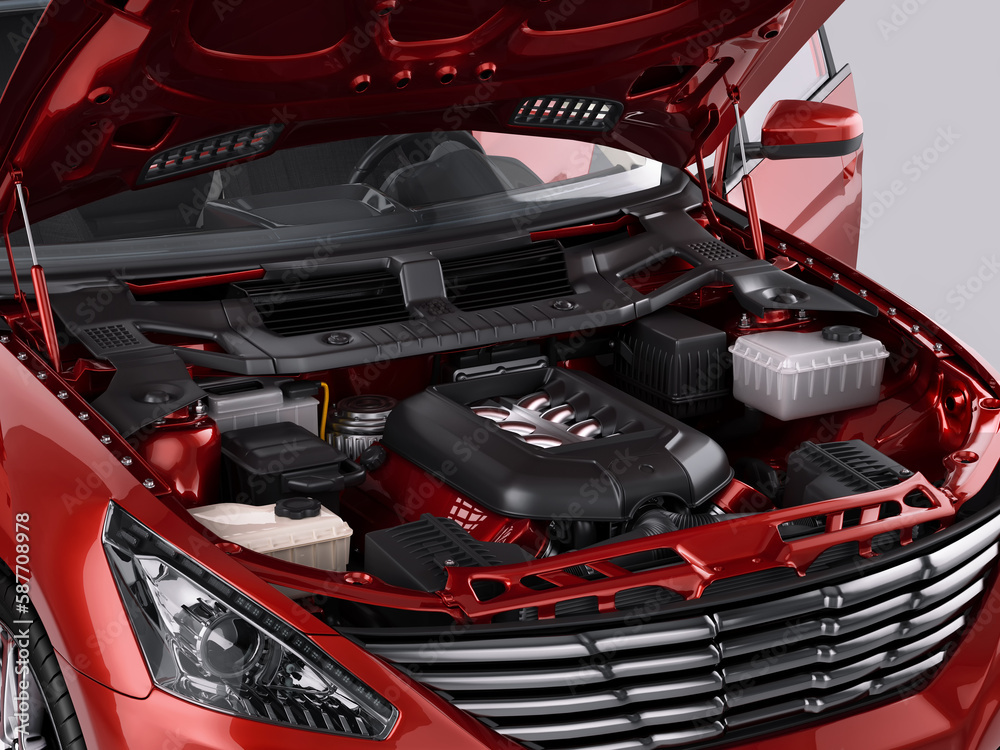 An open hood of a red automobile reveals its engine. The vehicle is in need of service or repair, with the engine exposed for a mechanic to examine. Automotive industry, car assembly, spare parts. 3D