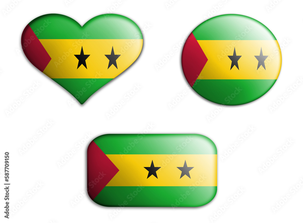 colorful national art flag of sao tome and principe figures bottoms on a white background . concept collage. 3d illustration colorful national art flag of sao tome and principe figures bottoms on a white background . concept collage. 3d illustration