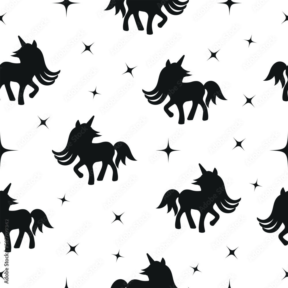 Seamless pattern magical silhouette of a unicorn and a star on a white background, vector illustration.