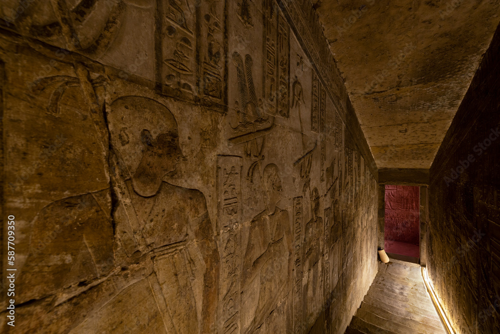 Wall reliefs in Crypt at the temple of Hathor. Dendera Temple near of ...