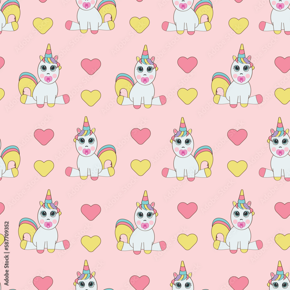 Seamless vector pattern with cute unicorns and hearts. Repetitive wallpaper on a pink background. Perfect for fabric, wallpaper, wrapping paper or nursery decor.
