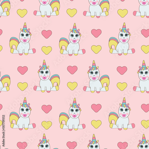 Seamless vector pattern with cute unicorns and hearts. Repetitive wallpaper on a pink background. Perfect for fabric  wallpaper  wrapping paper or nursery decor.
