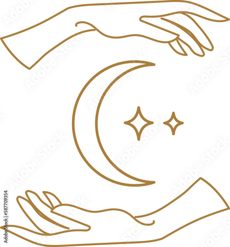 Mystical female hands transparent logo in minimal linear style. Templates with various hand gestures, moon, stars and crystals. For cosmetics, beauty, tattoo, spa, manicure, jewelry store