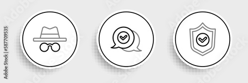 Set line Shield with check mark, Incognito mode and Check in speech bubble icon. Vector