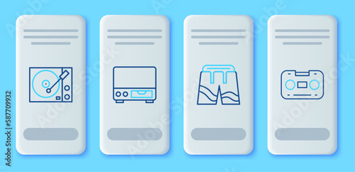 Set line Old video cassette player, Short or pants, Vinyl and Retro audio tape icon. Vector